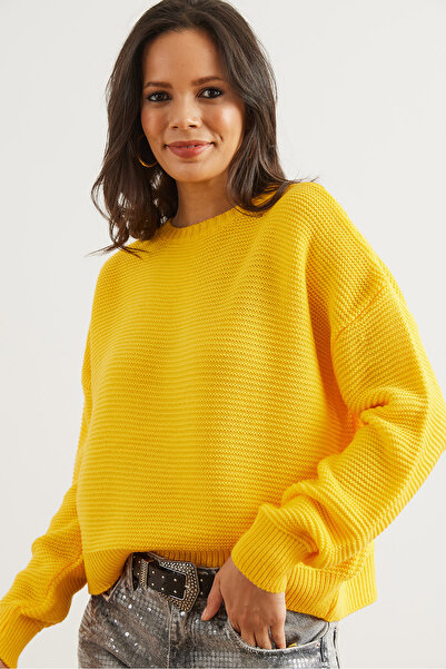 Olalook Pulover tricotat KZK pentru damă, galben pentru gâtul rotund 19000870