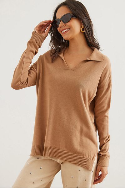 Olalook Women's Camel Polo Neck Basic Knitwear Sweater Kzk- 19000871