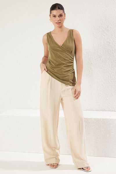Trendyol Collection Πράσινη ασύμμετρη μπλούζα με διπλό στήθος - Περιεχόμενο Modal, Sustainable TWOSS25BZ00077