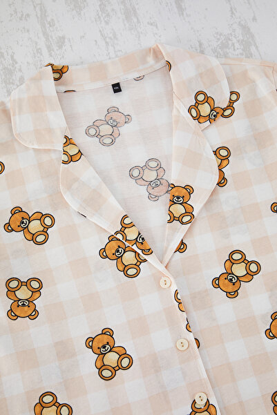 Trendyol Curve Beige Teddy Bear Print Shirt Collar Knitted Pajamas Set Tbbss22Pt0707