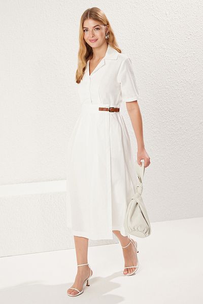Trendyol Collection White A-Line Pleat and Belt Detail Poplin Lining Midi Woven Dress Twoss25El00060