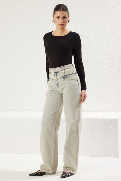 Trendyol Collection Blugi cu talie înaltă albastru deschis cu picioare largi - Detaliați cu fermoar TWOAW25JE00033