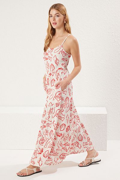 Trendyol Collection Ecru Printed Pool Neck Strap Skater/Belt Opening Stretchy Maxi Knitted Dress Twoss25El00527