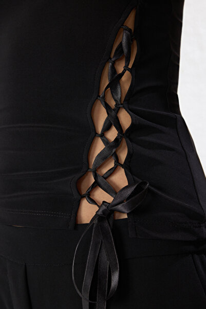 Trendyol Collection Black Ribbon Detailed Knitted Blouse Tprss25Bz00031