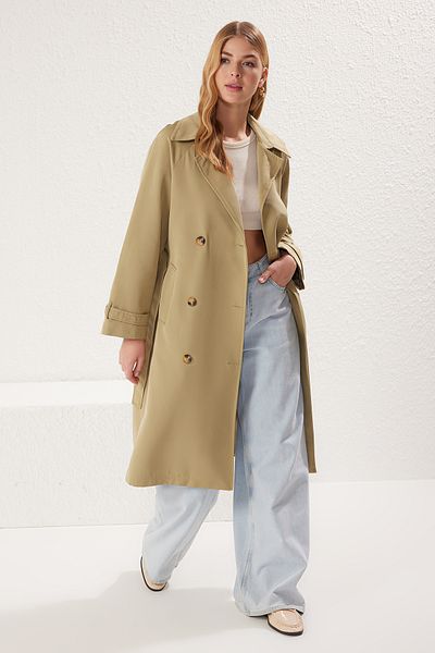 Trendyol Collection Double Breasted Regular Long Trench Coat with Light Khaki Belt Twoss25Tr00015