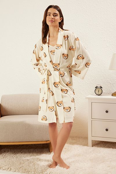 Trendyol Collection Ecru 100 % Baumwolle Animal Single Jersey gestricktes Nachthemd THMSS25GC00012