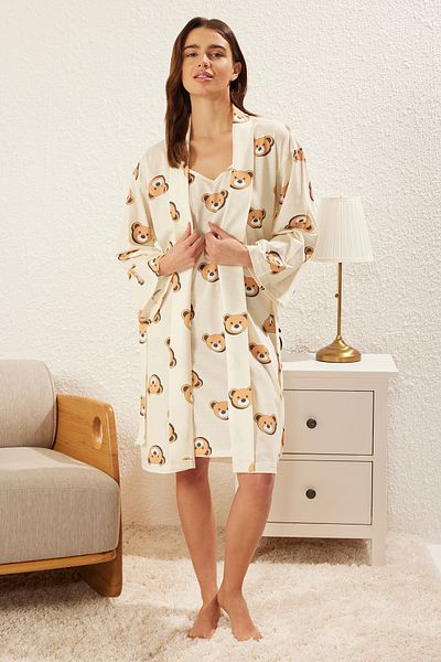Trendyol Collection Ecru 100 % Baumwolle Animal Single Jersey gestricktes Nachthemd THMSS25GC00012