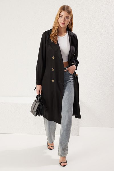 Trendyol Collection Schwarzer, wasserabweisender, langer Trenchcoat mit Gürtel TWOAW24TR00003
