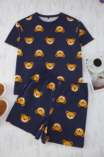 Trendyol Curve Sötétkék Teddy Bear nyomott pamut kötött pizsama szett TBBSS23AI00022