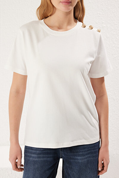 Trendyol Collection Εκρού 100% βαμβακερό χρυσό μπλουζάκι με λεπτομέρεια κανονική/κανονική εφαρμογή TWOSS25TS00039