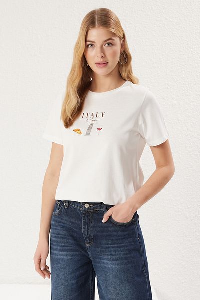 Trendyol Collection Ecru Slogan Printed 100% Cotton Regular T-Shirt - Twoss25Ts00047