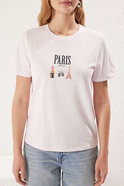 Trendyol Collection Ροζ μπλουζάκι με στάμπα 100% βαμβάκι - TWOSS25TS00047