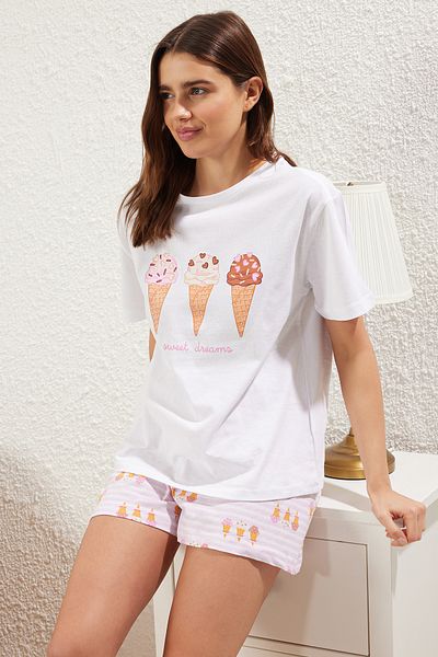Trendyol Collection Λευκό εμπριμέ μονό ζέρσεϊ πλεκτό σετ πιτζάμες THMSS25PT00276