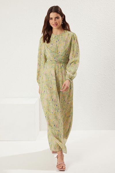Trendyol Modest Grünes, zweireihiges, mit Chiffon gefüttertes, gewebtes Blumenkleid TCTSS25EB00072