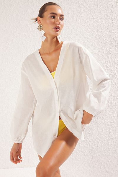 Trendyol Collection Koszula z ecru tkana z rękawami typu „ballon” Tbess25Go00013
