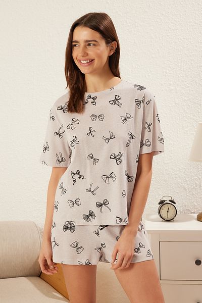 Trendyol Collection Gray Printed Metrage Print Single Jersey Knitted Pajamas Set Thmss25Pt00238