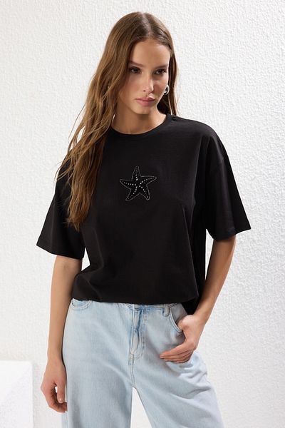 Trendyol Collection Comfortable Fit Black Embroidered Cotton T-Shirt - Twoss25Ts00098