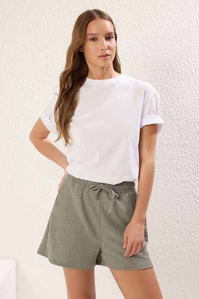 Trendyol Collection High Waist Stretchy Khaki Knitted Shorts - Wrapped, Short, Bermuda - Twoss25Sr00031
