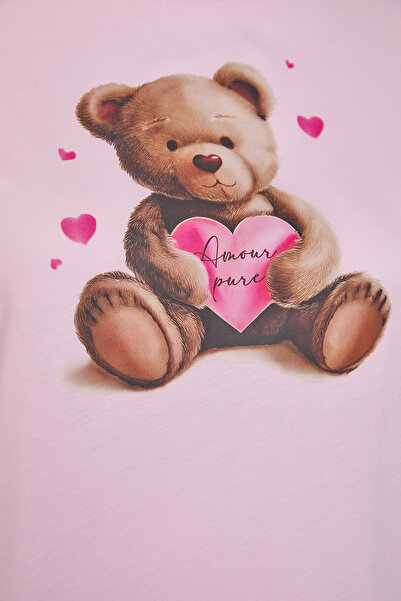 Trendyol Curve Ανοιχτό ροζ μίνι μπλουζάκι - Silhouette πλεκτό νυχτικό με μοτίβο αρκουδάκι TBBSS25CH00001