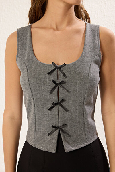 Trendyol Collection Gray Striped Ribbon Lacing Detail Body-Fitting Square Neck Null Sleeve Knitted Blouse Twoss25Bz00147