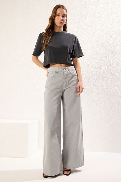 Trendyol Collection Gray Regular Waist Loose Wide Leg Jeans Twoss25Je00198