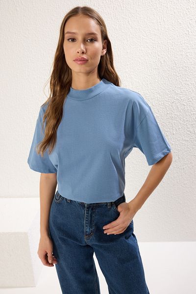 Trendyol Collection Indigo 100% bavlna Pletené tričko se stojáčkem a tříčtvrtečním rukávem TWOSS24TS00074