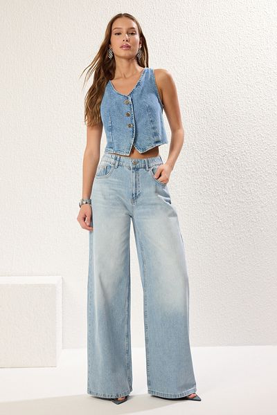 Trendyol Collection Blaue Palazzo-Jeans mit hoher Taille und extra breitem Bein TWOSS25JE00179