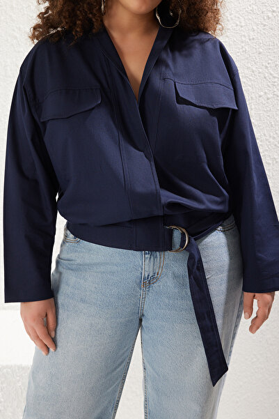 Trendyol Curve Navy Blue 100% Cotton Woven Plus Size Coat with Adjustable Waist Accessories Tbbss25Ag00003