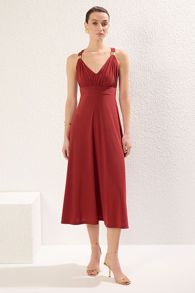 Trendyol Collection Stretchy Knitted Maxi Dress - Brick Color with Accessory Detail, Slit and Gathering Twoss25El00091