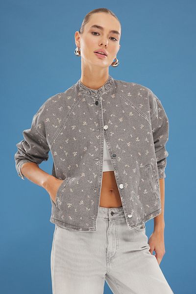 Trendyol Collection Grey Floral Print Oversize Denim Bomber Jacket Twoss25Ce00042