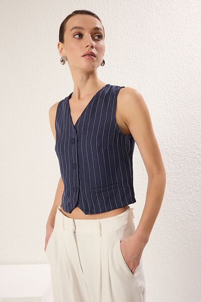 Trendyol Collection Σκούρο μπλε ναυτικό ριγέ κουμπιά Crop Woven Μπλούζα TWOSS24BZ00173