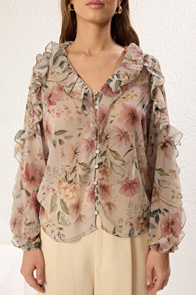 Trendyol Collection Többszínű Boho Chiffon áttetsző virágos fodros szőtt ing TWOSS25GO00063