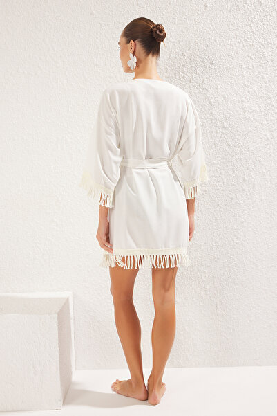 Trendyol Collection Ecru*001 Plain Short Woven 100% Other Fibers Kimono&Kaftan