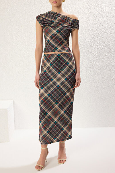 Trendyol Collection Multicolor Plaid Drawstring/Drape Detailed Asymmetrical Body-Fitting Knitted Bottom-Top Suit Twoss25Au00003