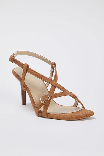 TRENDYOL SHOES Hellbraune Wildleder-Knöchelriemen-Damensandalen mit quadratischer Zehenpartie und dünnem Absatz TAKSS25TO00018