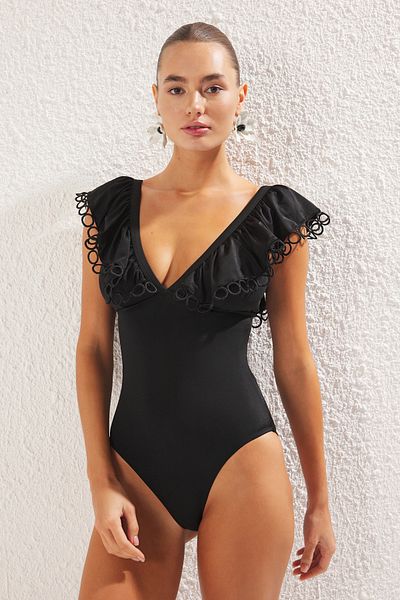 Trendyol Collection Schwarz*001 Flacher Badeanzug mit tiefem V-Ausschnitt