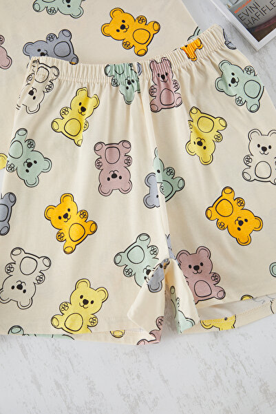 Trendyol Curve Σετ πιτζάμες πλεκτό εκρού 100% βαμβακερό αρκουδάκι TBBSS24AI00040