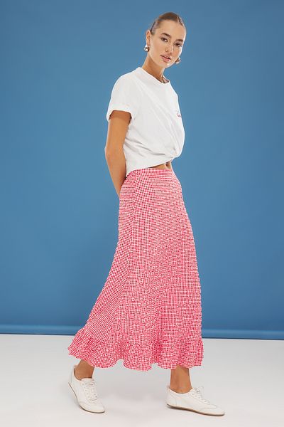 Trendyol Collection Roter Webrock aus Seersucker mit Gingham-Muster in Maxi-Länge TWOSS25ET00048