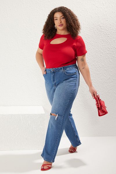 Trendyol Curve قميص قصير أحمر محبوك بلوزة كبيرة الحجم