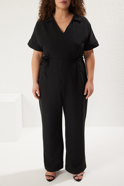 Trendyol Curve Plus Size Polo Neck Zip Jumpsuit - Black Knit Belt Tbbss25Bg00005