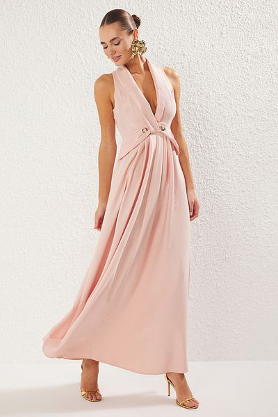 Trendyol Collection Detailliertes, zweireihiges Maxi-Abendkleid mit Reverskragen und Nachtabendkleid