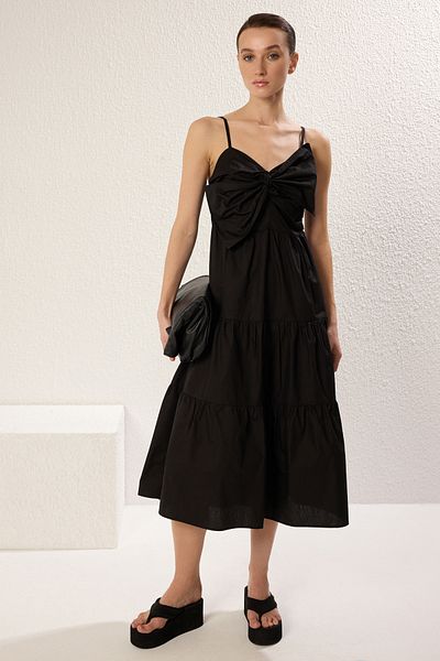 Trendyol Collection Μαύρη φούστα με φιόγκο από τη μέση ποπλίνα Midi υφαντό φόρεμα TWOSS25EL00052
