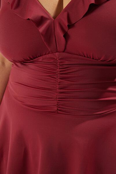 Trendyol Curve Plus Size Burgundy Swimsuit - Ruffle Neckline and Drawstring Waist Skirt Tbbss25Am00018