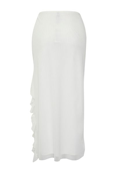 Trendyol Collection Flexibler Midi-Strick-Tüllrock in limitierter Auflage mit Ecru-Schlitz und Rüschendetails TWOSS25ET00089