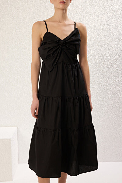 Trendyol Collection Black Hem Waist Opening Bow Poplin Midi Woven Dress Twoss25El00052