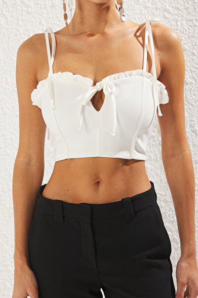 Trendyol Collection Ecru Lacing Detailed Ruffle Crop Woven Bustier Tprss25Bs00018