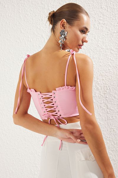 Trendyol Collection Růžová vazba Detailní volánky Crop Woven Bustier TPRSS25BS00018