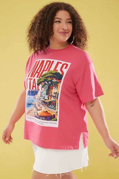 Trendyol Curve Rosafarbenes Strick-T-Shirt mit Rundhalsausschnitt und breiter Passform, bedruckt in Übergröße TBBSS25BF00033