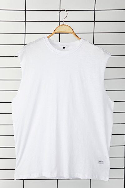 Trendyol Collection Fehér Oversize/Wide Cut Basic Label 100% pamut ujjatlan póló/alsóing