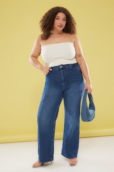 Trendyol Curve Μπλε Ψηλόμεσο Παντελόνι Με Φιογκάκι Άνετο Φαρδύ Ίσιο Παντελόνι Μεγάλων Μεγεθών TBBSS25CJ00007